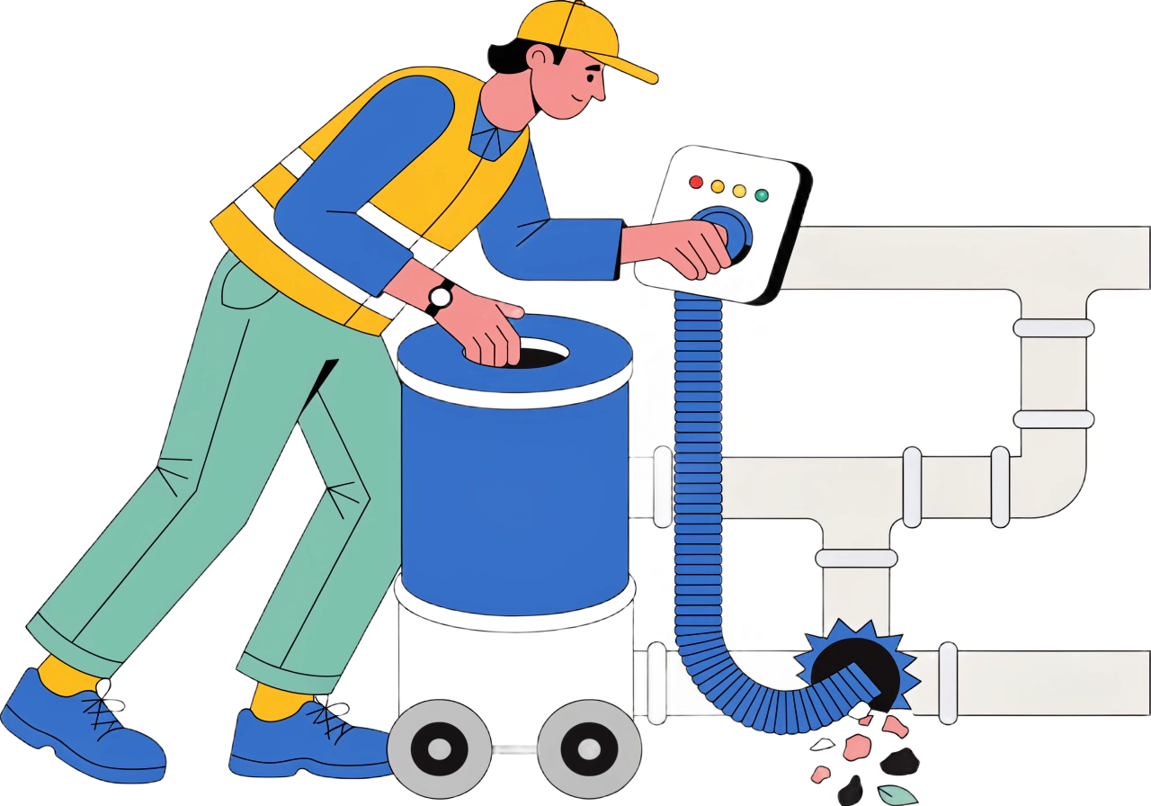 A person wearing yellow rubber gloves operates a cleaning machine in an office setting, surrounded by desks and plants.